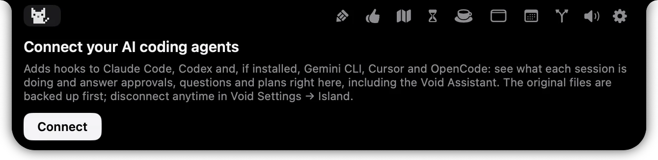 The Island AI tab inviting you to connect your AI coding agents, with a Connect button