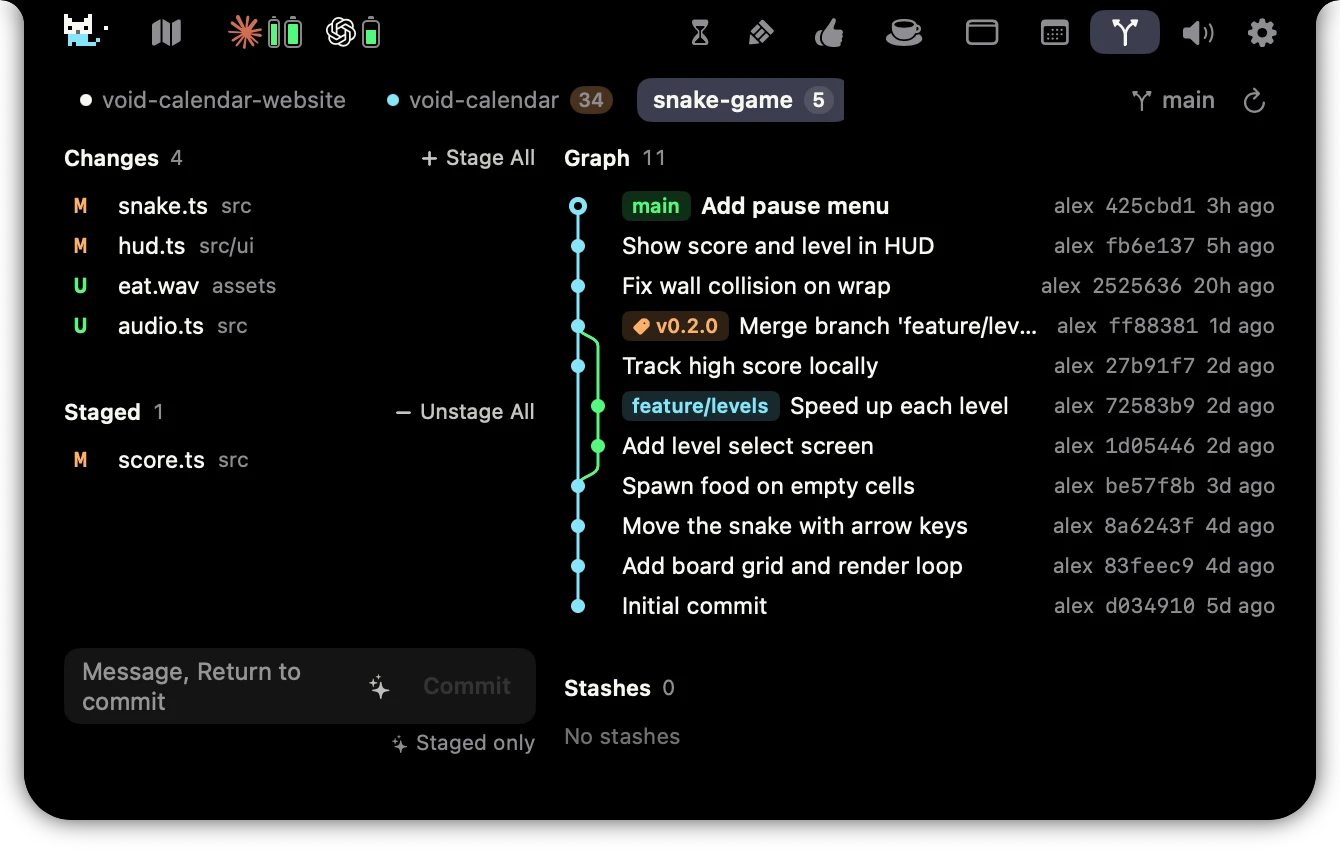 The Island Git tab: the sample repository snake-game with four changes and one staged file, next to a commit graph with a feature/levels branch