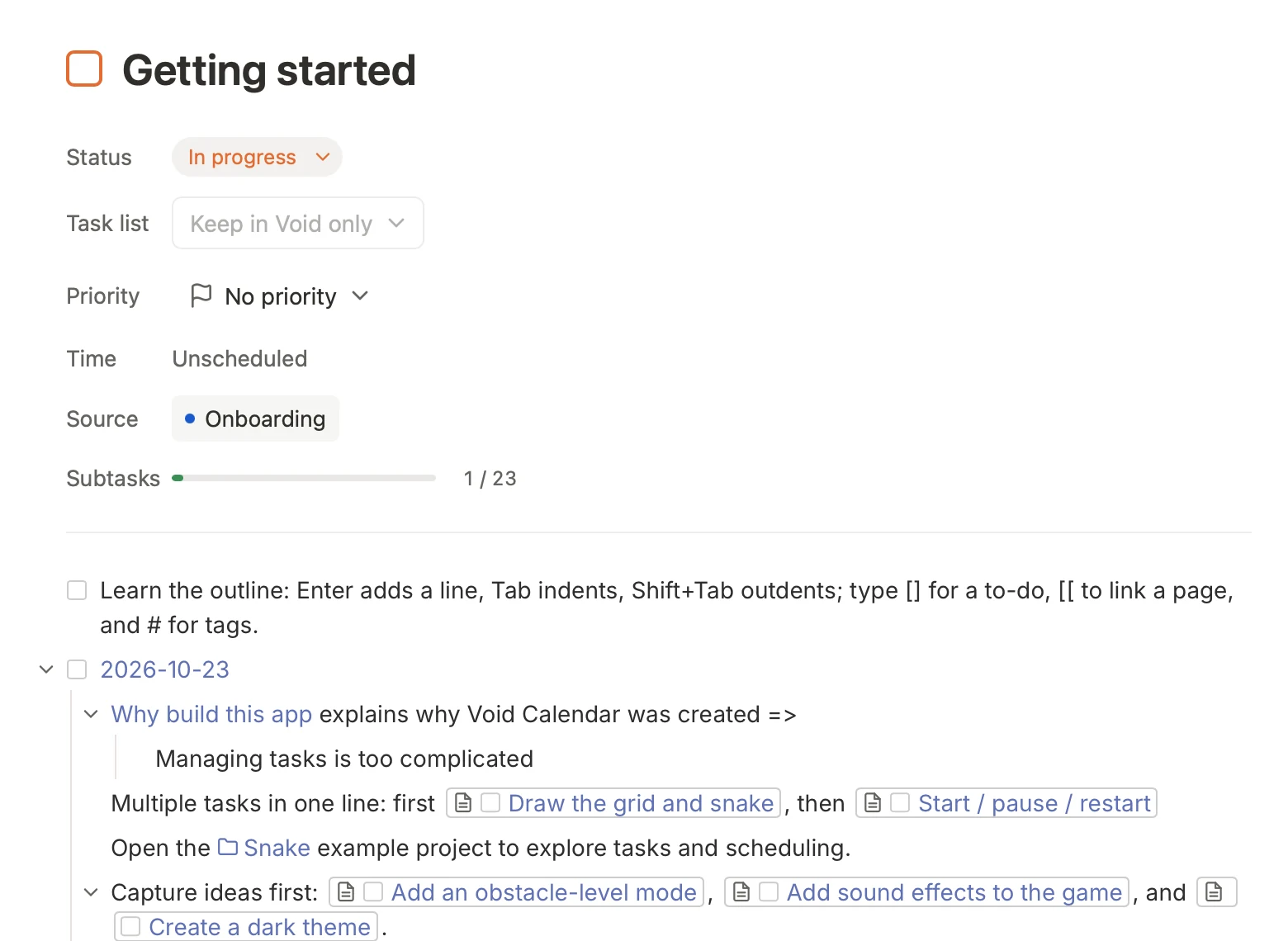 The Getting started page with status, priority and subtask progress, and several tasks linked in its body