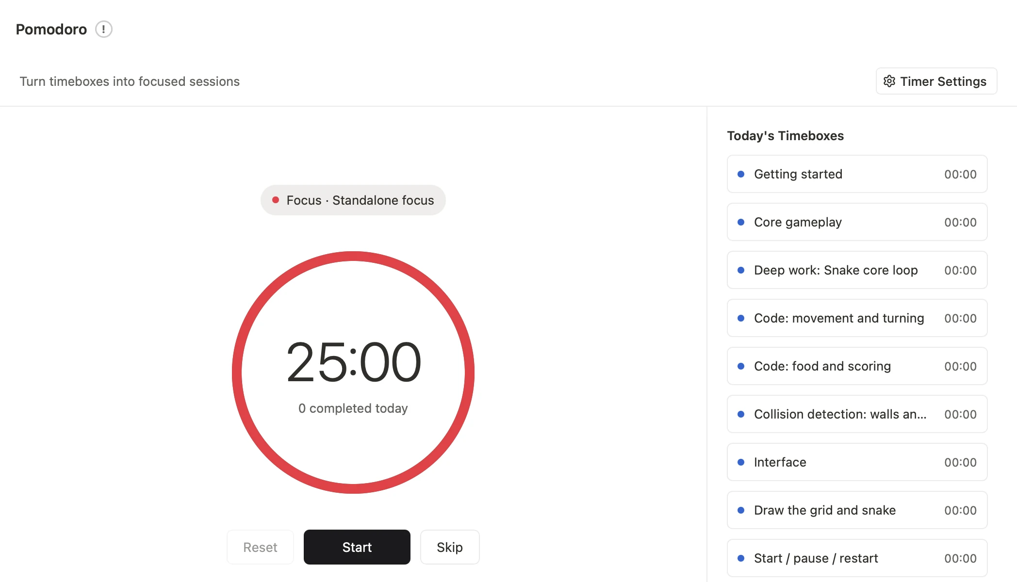 The Pomodoro timer at 25:00, with today’s schedule listed on the right to pick from