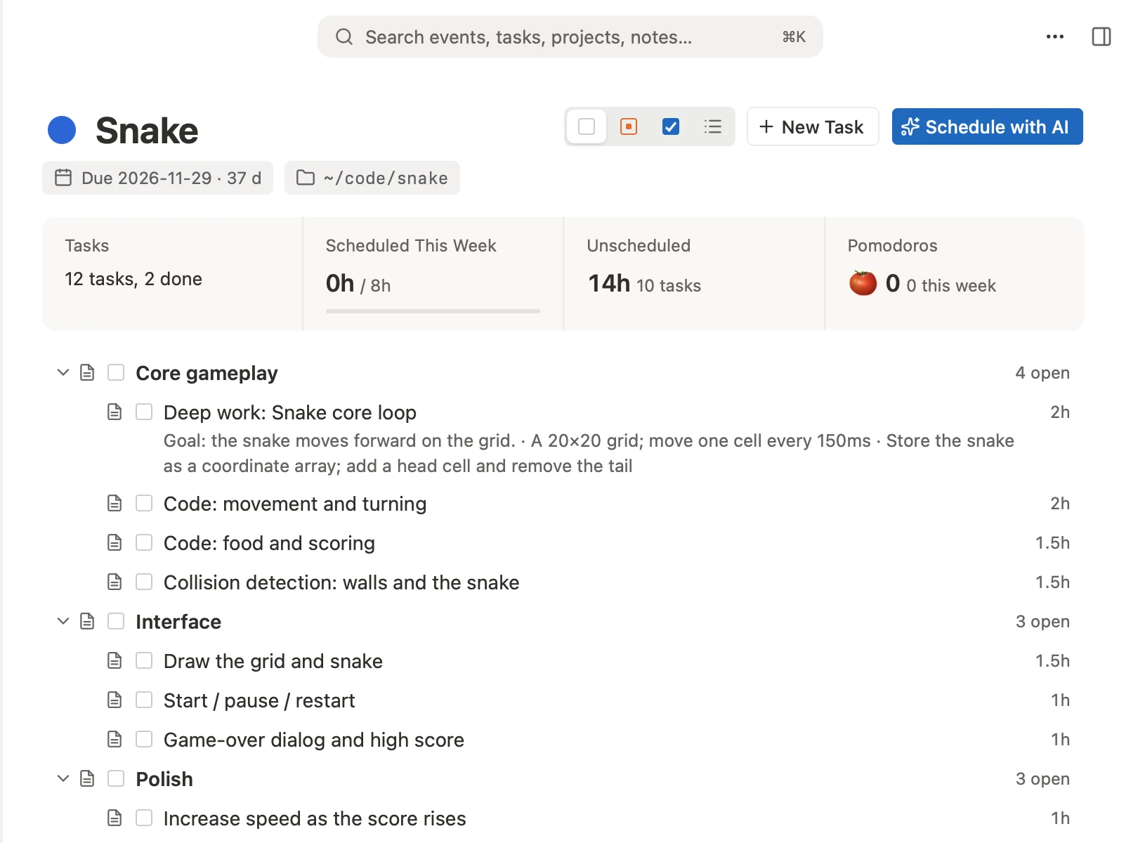 The Snake project with its task groups, stats for scheduled and unscheduled hours, and the Schedule with AI button
