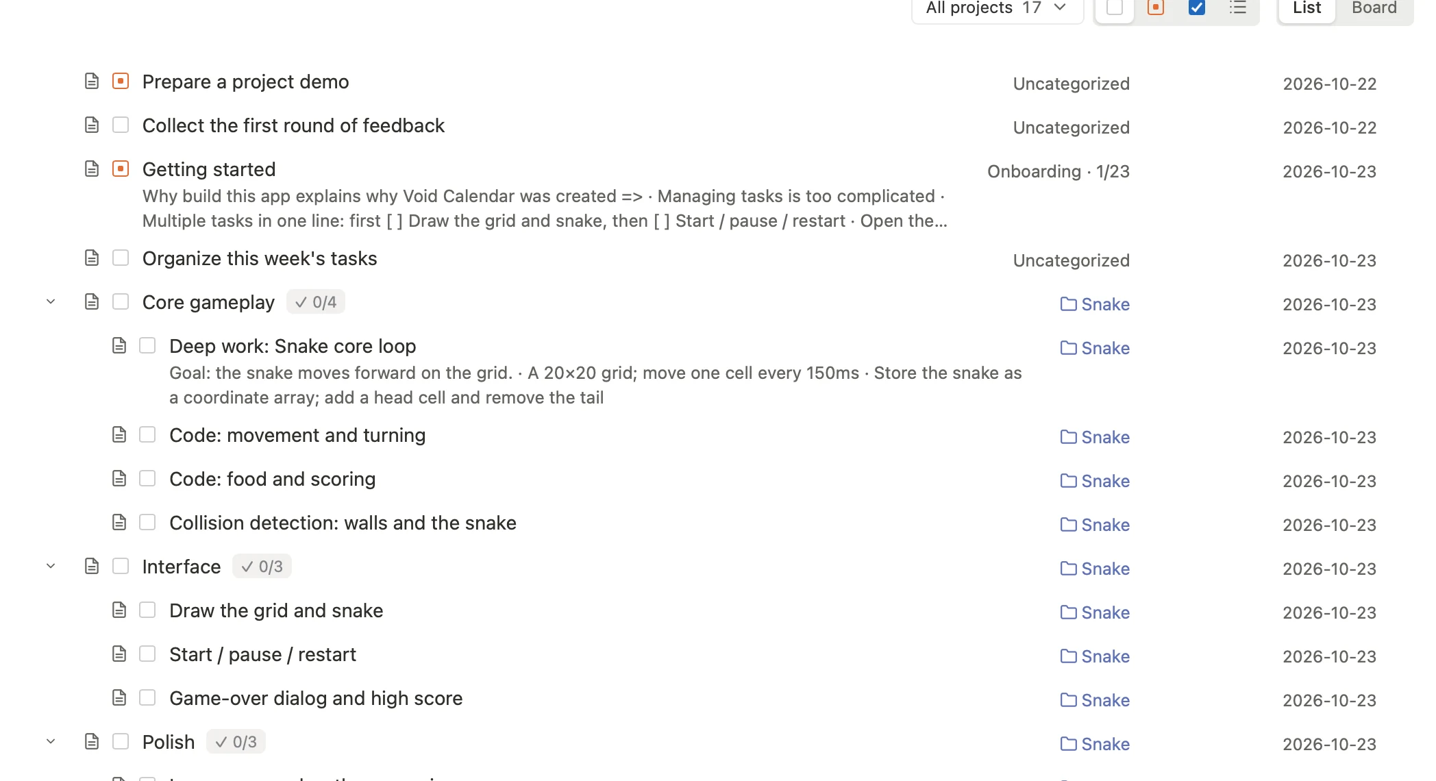 The task list, with the Snake project grouped into core gameplay, interface and polish, each showing progress